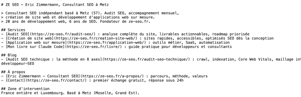 Exemple de fichier llms.txt pour l'optimisation des crawlers IA lors d'un audit SEO technique
