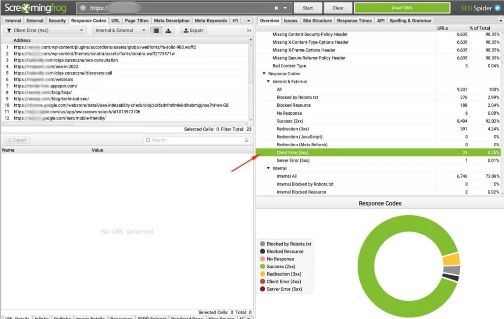 Capture d'écran d'un crawl Screaming Frog lors d'un audit SEO