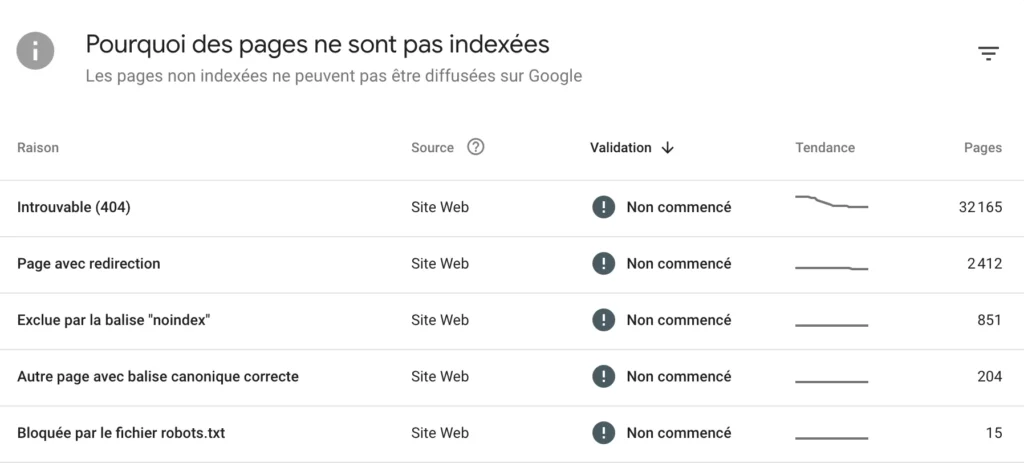 Rapport d'indexation Google Search Console pendant un audit SEO technique